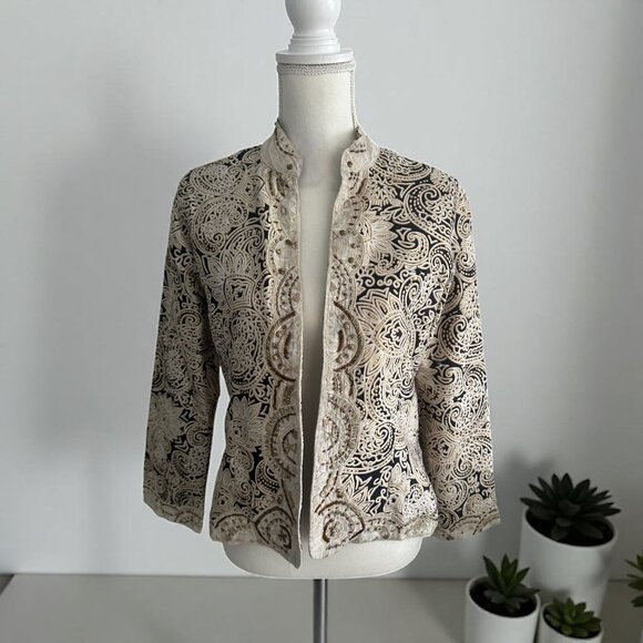 CHICOS 100% Silk Paisley Swirl Beige Jacket Size Chicos 0 US S 4 - Picture 1 of 6